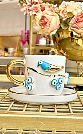 24k altın detaylı kuşlu el boyaması fincan