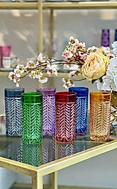 El işi renkli 6’lı kristal kesme balık sırtı işlemeli kahve yanı bardak