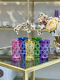 6’lı Kristal kesme renkli kahve yanı petek model bardak